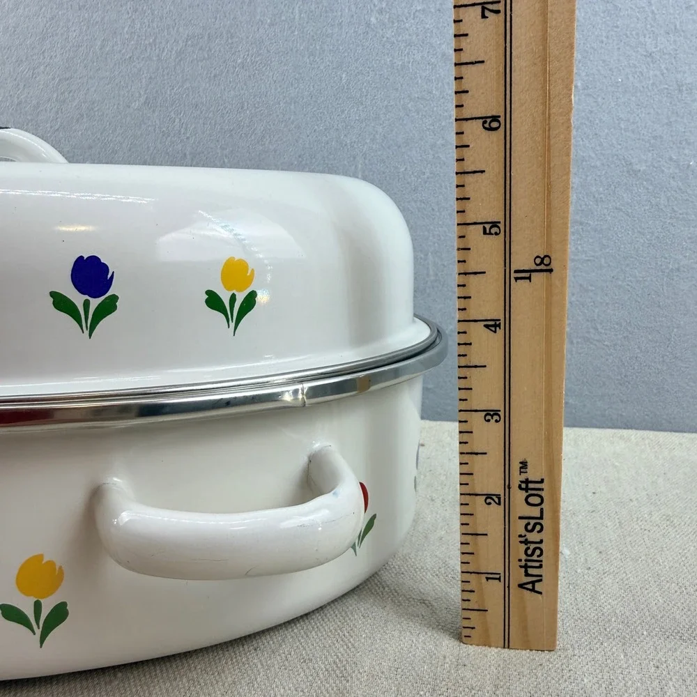 Vintage Floral Enamelware Roaster Pan‎ Tulip Cottagecore Farmhouse White 11